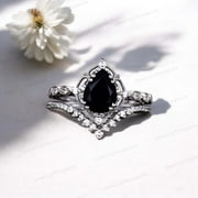 7x5 mm / 1 Ct Pear Cut Black Onyx Engagement Ring Set 925 Sterling Silver Ring Set Art Deco Custom Jewelry Curved CZ Diamond Band Wedding Gift for Her